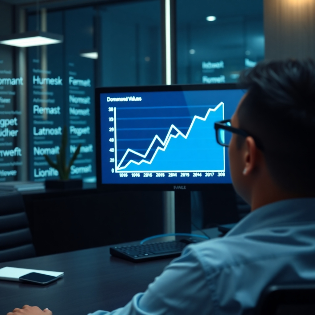 A high-end office setting with a person looking at a computer screen displaying a graph charting domain name values over time.  The background should feature subtly glowing domain names, symbolizing their value.  The image should be photorealistic, professional, and depict a sense of financial success.