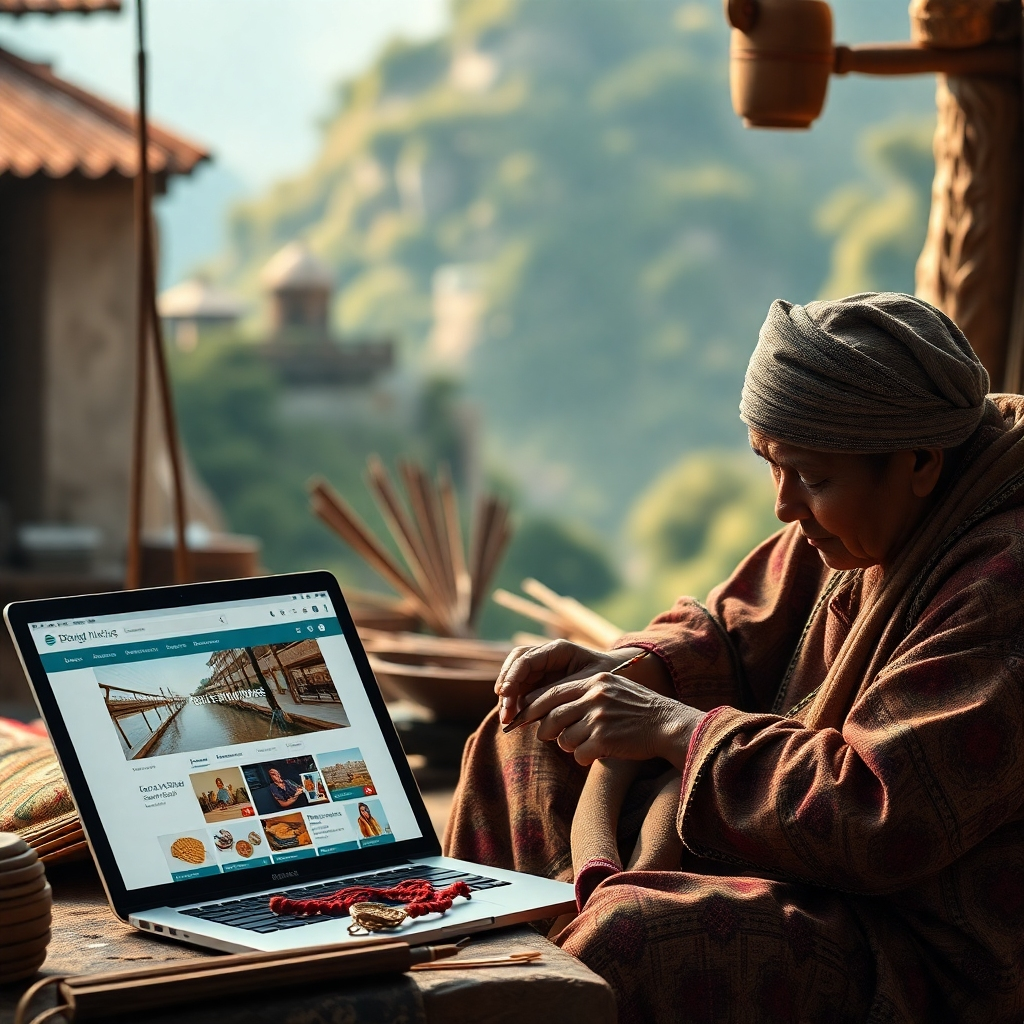 A high-resolution photorealistic image of a skilled artisan working on their craft, with a laptop or tablet nearby showing their online store on a global marketplace. The backdrop should feature a beautiful, culturally relevant setting.  The image needs to show the blend of tradition and technology, highlighting the artisan's skills and online reach.
