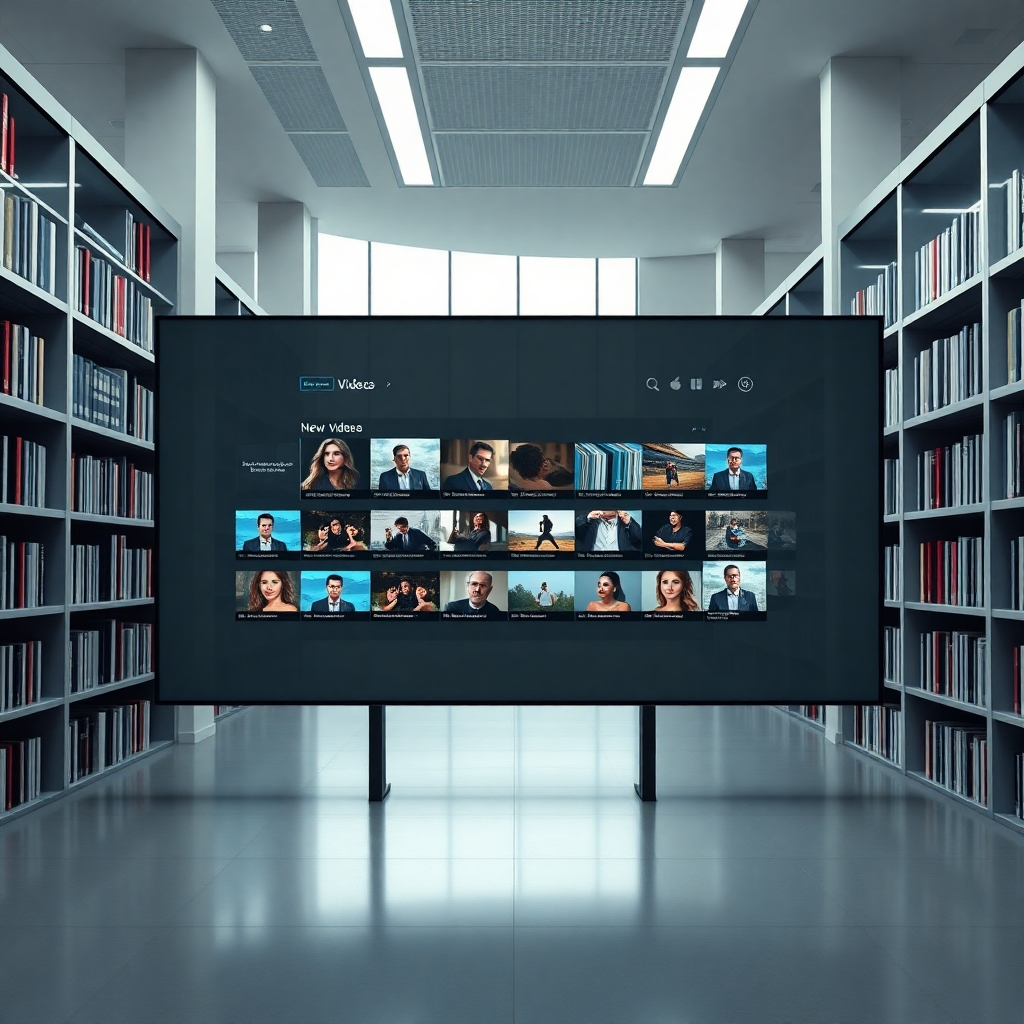 A hyperrealistic 8K image of a modern, minimalist library interior. The focus is on a large, interactive touchscreen interface displaying thumbnails of news videos, historical photos, and audio recordings. The lighting is soft, diffused, emphasizing the clarity of the digital interface.  The color palette is muted yet sophisticated; neutral grays and whites create a clean, organized look, contrasted by the vibrant colors from the multimedia thumbnails. The camera angle is slightly low, showcasing the expanse of the interface and emphasizing the vastness of the resource library.   The screen's texture is smooth and reflective, with subtly visible reflections of the library's architecture. The background includes sleek, modern shelving units filled with rows of neatly organized physical archives (books, reels, etc.), suggesting a blend of digital and physical resources. The image should create a sense of calm organization and intellectual curiosity. Style reference:  the minimalist aesthetic of Edward Hopper combined with the futuristic sleekness of Apple product design. The image must be ultra-detailed and hyperrealistic, focusing on the high-quality rendering of the user interface and the library setting.