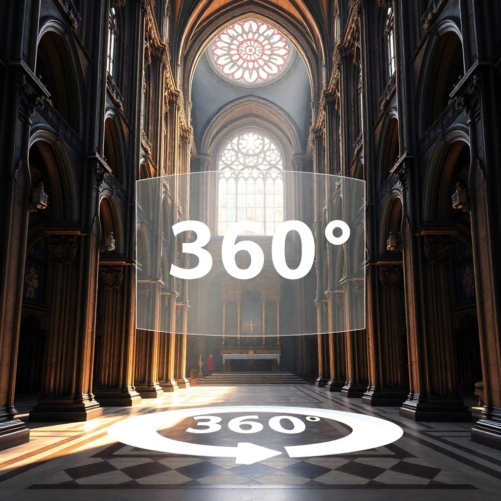 A hyperrealistic, ultra-detailed 8K image showcasing a 360° virtual tour interface displaying the interior of a grand cathedral. The image should feature a photorealistic rendering of architectural details, stained glass, intricate carvings, and soft lighting filtering through the windows, creating a sense of awe and reverence. The color palette should be rich and warm, reflecting the grandeur and spirituality of the setting. The camera angle should be positioned as if the viewer is standing inside the cathedral, looking towards the altar. The image should showcase a variety of textures, including stone, wood, and glass, with high levels of detail. The background environment should encompass other architectural elements and subtle decorative features that further enhance the setting's religious context. The style should reference the detailed realism of architectural photography by Iwan Baan, emphasizing accurate representation and the depth of the architectural space. Include an overlaid, clear and simple virtual tour interface, suggesting interactivity and navigation options, inviting the user to explore the environment.