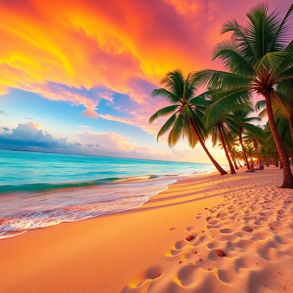 A hyperrealistic, ultra-detailed image depicting a breathtaking panoramic view of a lush tropical beach at sunset.  The scene is vibrant and colorful with warm oranges, pinks, and purples dominating the sky, contrasted by the turquoise waters and green palm trees. Soft, golden light bathes the beach, creating long shadows. The camera angle is a wide shot, capturing the vastness of the beach and the ocean. The sand is textured and detailed, showing individual grains.  The image features clear, crisp water with visible waves gently lapping the shore. There are a few people relaxing on the beach, adding a sense of scale. The image is in the style of a National Geographic photograph, evoking a feeling of relaxation and adventure.  8K resolution, cinematic lighting.
