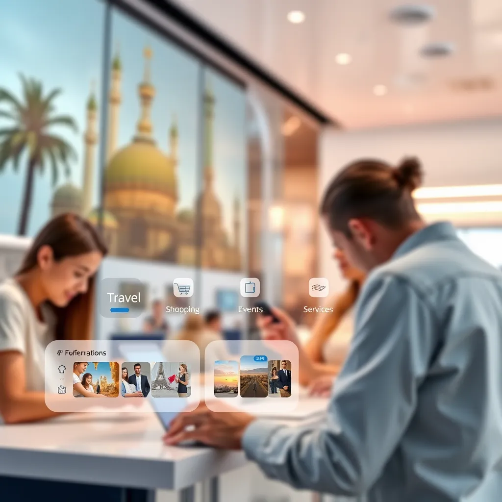 A modern, minimalist design showcasing a user-friendly interface with various tabs for travel, shopping, dining, events, and services. The image should convey ease of navigation and access to a wealth of information, with a background showing diverse locations and people interacting with the platform.