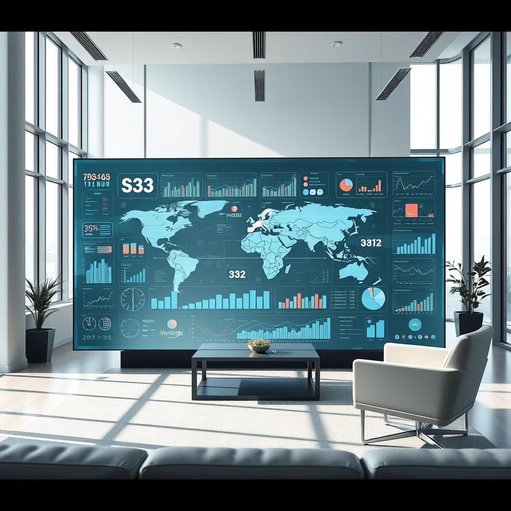 A modern, minimalist office setting with a large, interactive touchscreen display showcasing a dynamic, data-driven visualization of global business trends. The display should be filled with charts, graphs, and real-time data points representing different economic sectors. The office should be filled with natural light and feature sleek, minimalist furniture. Render in 8K resolution with a focus on the intricate details of the data visualization and a realistic representation of the office environment.