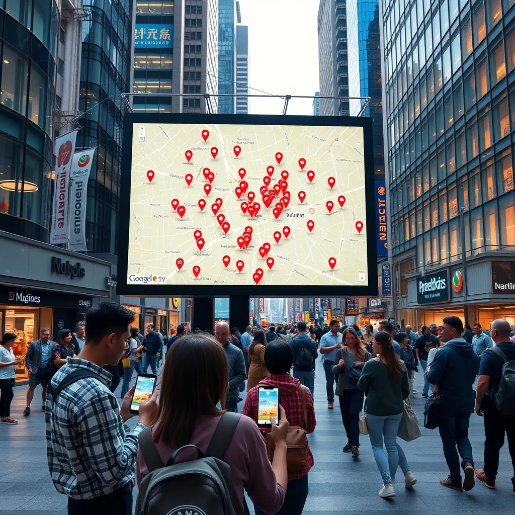 A modern, vibrant city scene with people interacting with a large digital map that shows pins for various businesses and points of interest. The map is displayed on a large screen in a public space, with people using their smartphones to access information. The scene should convey the feeling of discovery and connection.