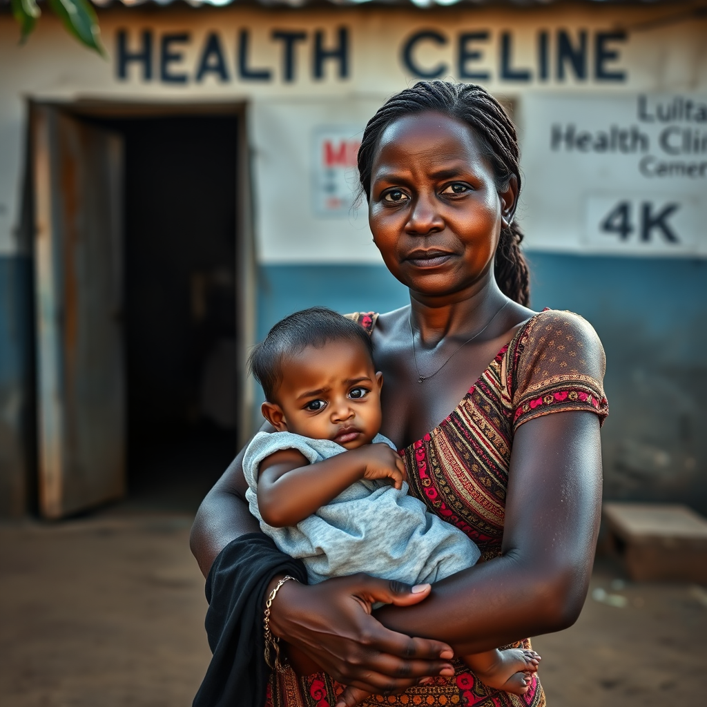 A mother holding her child, standing in front of a rural health clinic in a developing country. A sense of hope and determination is conveyed through her expression. Natural lighting, documentary style. 4K resolution.