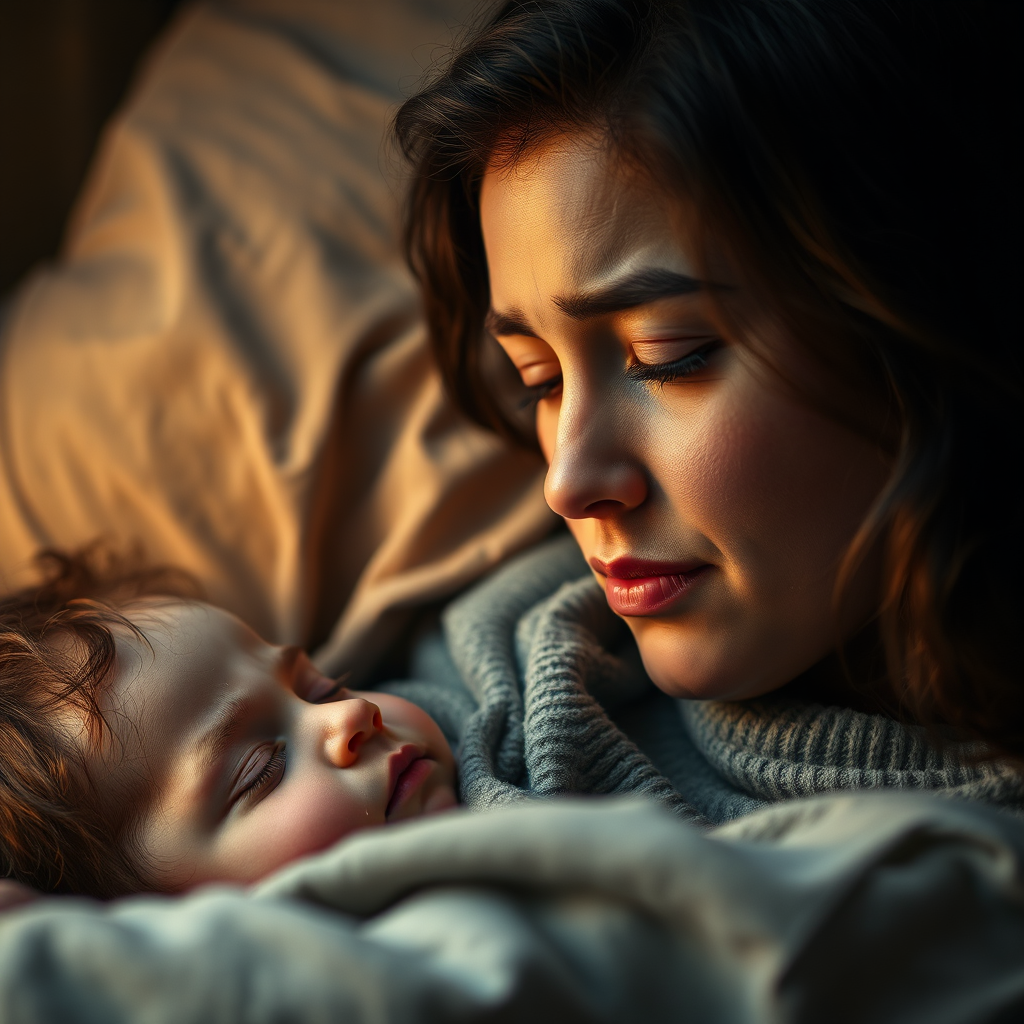 A mother looking at her sleeping child, with a thoughtful expression, hinting at both love and guilt. Soft focus, warm lighting, intimate setting. Stylized realism. 4K resolution.