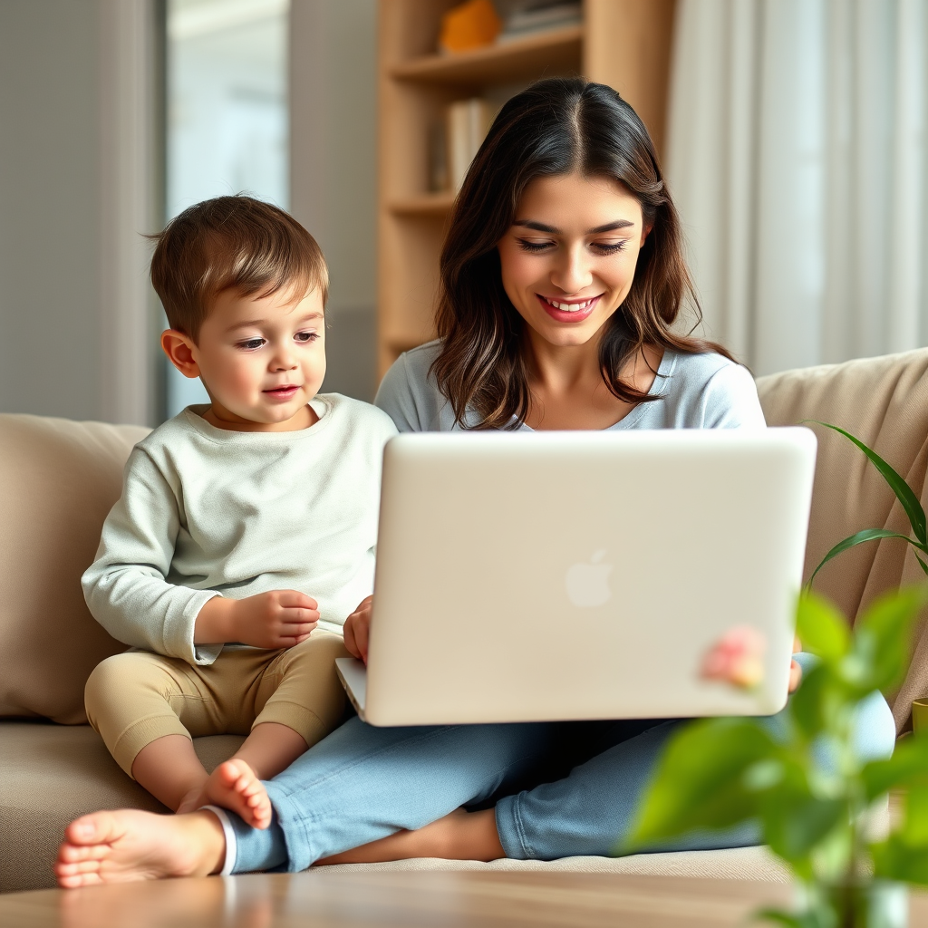 A mother working from home, with a laptop on her lap, while her child plays quietly nearby. The scene shows a balance of work and family life. Natural lighting, realistic setting. 4K resolution, photorealistic.