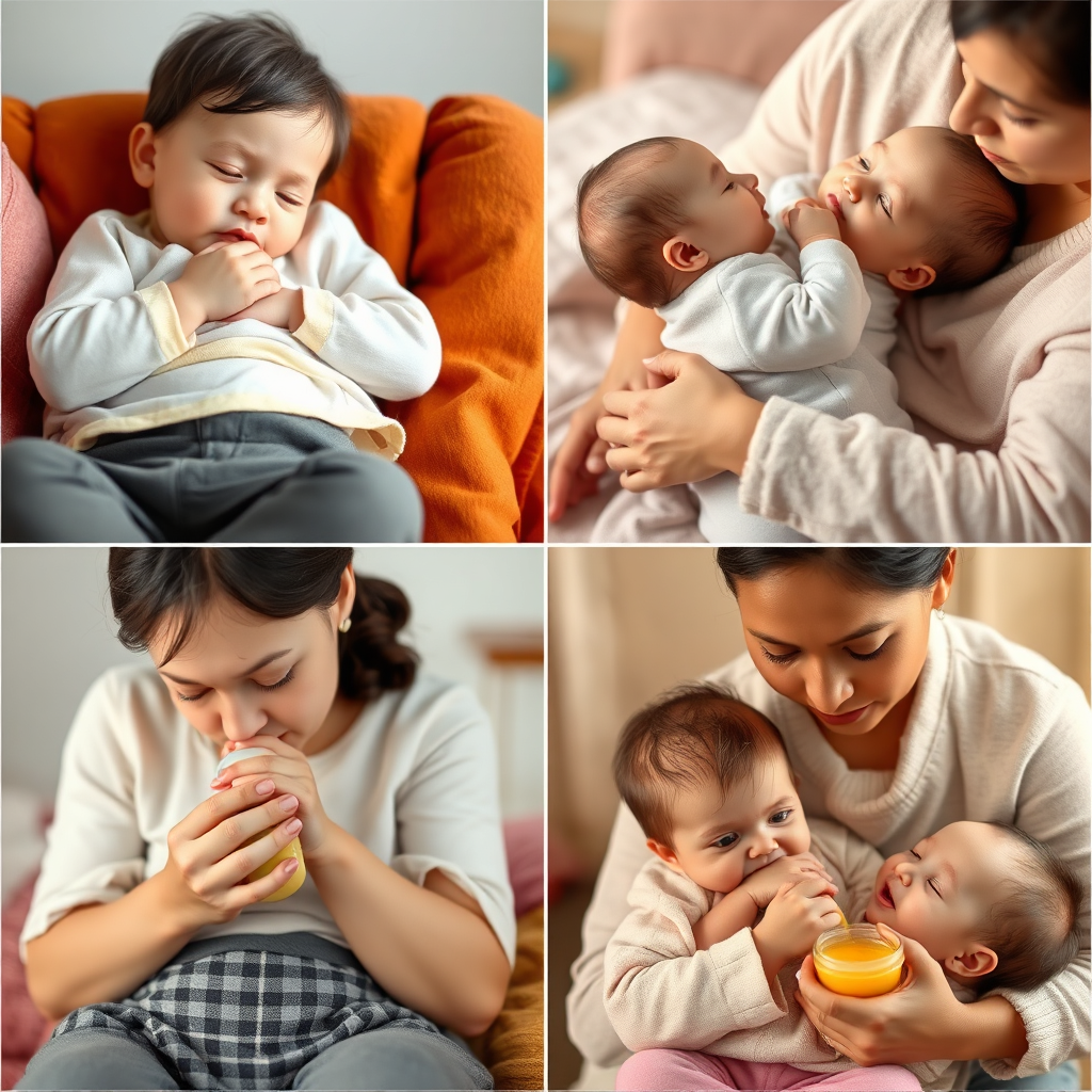 A multi-panel image showing various feeding methods (breastfeeding, bottle-feeding, introducing solids) in different cultural settings. Warm, inviting colors. 4K, photorealistic.