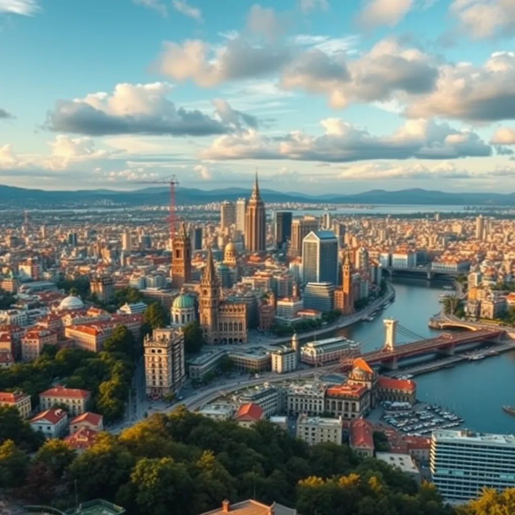 A panoramic view of a beautiful city or landscape, showcasing the diverse range of travel destinations offered through Country Directory. The scene should be visually appealing and exciting, inviting viewers to explore new places and experiences.