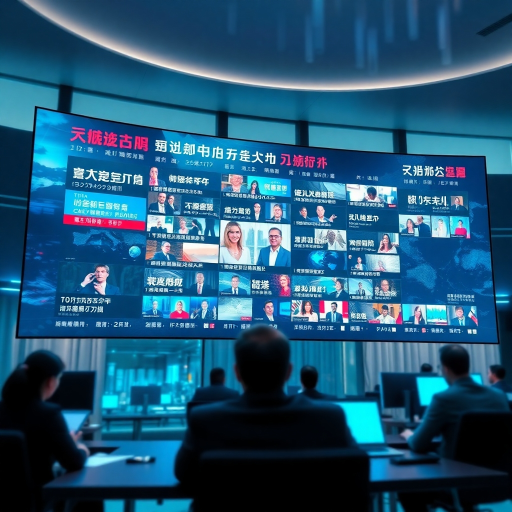 A photorealistic 8K image depicting a large, curved screen displaying a dynamic, real-time global news feed.  The screen shows various news headlines in multiple languages, overlaid with small, high-resolution video inserts of breaking news events around the world. The lighting is soft and diffused, creating a calm, professional atmosphere. The color palette consists primarily of cool blues and greens with splashes of vibrant color from the video inserts. The camera angle is slightly elevated, looking down at the screen from a distance.  The screen's surface should have a subtly reflective texture, showing faint reflections of a modern, clean office environment. The background includes subtle details of a futuristic newsroom environment with blurred figures of journalists working diligently.  The overall mood is one of urgency and importance, conveying the gravity of global events while maintaining professionalism. Style reference:  a blend of  Philippe Halsman's dynamic portraiture and a modern, high-tech news studio aesthetic.  The image should be ultra-detailed and hyperrealistic, showcasing the clarity and impact of the news feed.