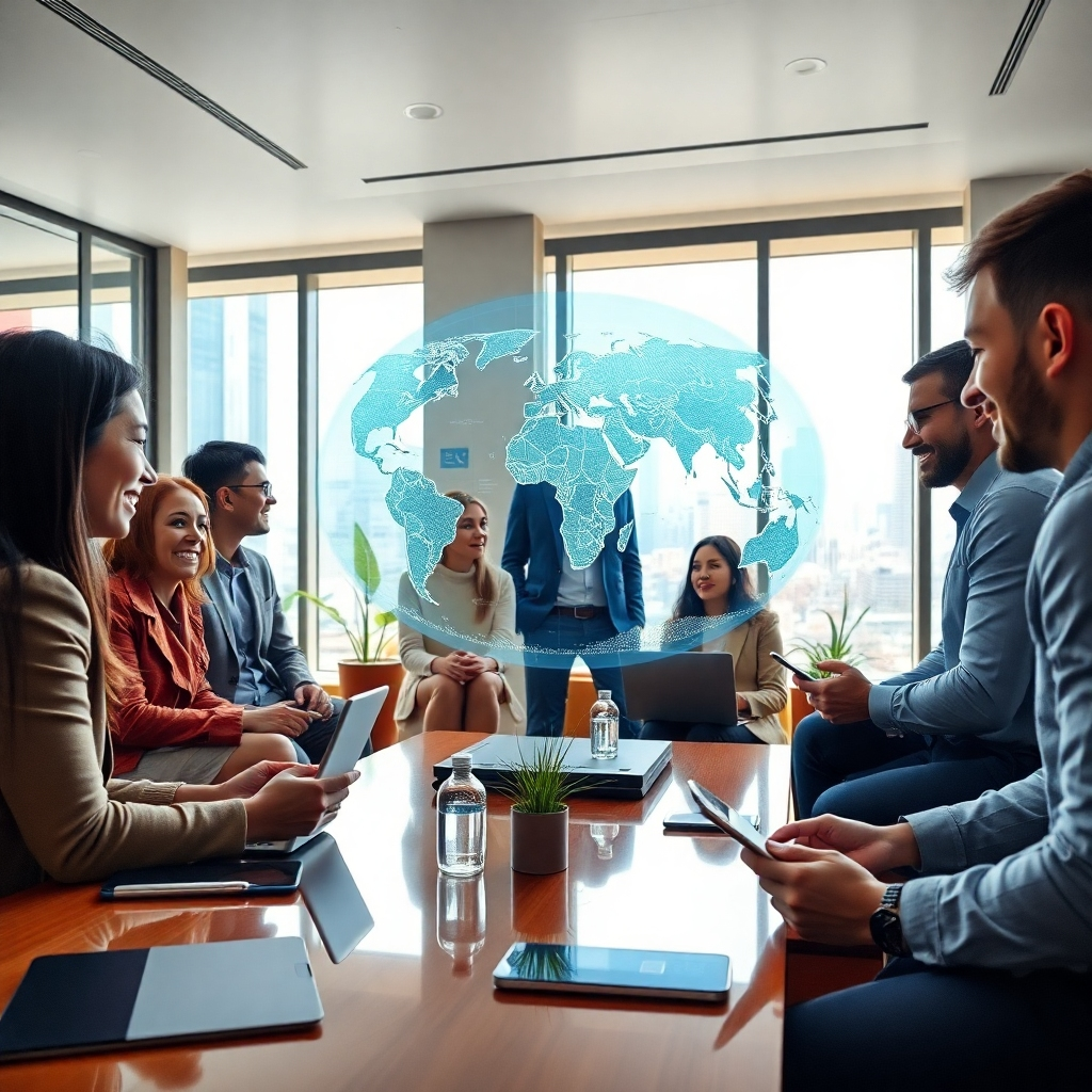 A photorealistic, 8K resolution image depicting a diverse group of business professionals from various countries collaborating around a large, interactive holographic display showcasing global market data and opportunities. The scene is set in a modern, brightly lit conference room with floor-to-ceiling windows offering a view of a bustling cityscape. Soft, diffused lighting creates a warm and inviting atmosphere. The color palette is vibrant and energetic, emphasizing global diversity. The camera angle is slightly elevated, offering a dynamic perspective. Textures and materials include polished wood furniture, sleek glass surfaces, and advanced technology displays. Environmental elements include plants and modern artwork. The style should be reminiscent of a high-end corporate brochure, clean and professional, with a touch of futuristic technology. The image should be ultra-detailed, showcasing the intricate details of the holographic display and the expressions on the faces of the business professionals. Props include laptops, smartphones, and presentation materials. Background details showcase a global map subtly integrated into the design. In the style of Annie Leibovitz.
