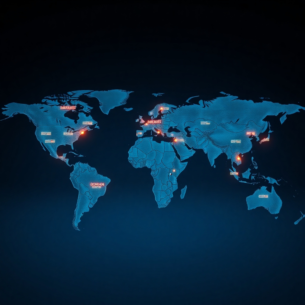 A photorealistic, 8K resolution image depicting a world map with glowing nodes representing major DOMAIN NAME markets.  Each node displays dynamic data visualizations showing market trends. Soft, diffused lighting illuminates the scene, creating a calm and informative mood. The camera perspective is slightly elevated, looking down on the map. The map itself is textured, showing subtle relief and realistic geographical details.  The color palette is primarily blues and greens for the map, with vibrant accents representing market activity.  Data visualizations use a clear and modern design. The background is a sleek, dark gray.  The style is inspired by National Geographic's data visualization style. Hyperrealistic rendering with ultra-detailed textures and data visualizations are essential. Include subtle ambient light effects.