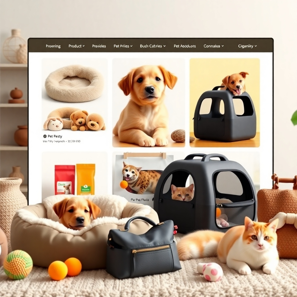 A photorealistic, ultra-high-quality image (8K resolution) showcasing a vibrant online pet product marketplace. The image should feature a clean, user-friendly interface with high-quality images of diverse pet products: a plush dog bed, a sleek cat carrier, organic pet food, interactive toys, and stylish pet accessories. The lighting should be soft and even, emphasizing the textures and details of each product. The color palette should be warm and inviting, with a focus on natural tones and bright accent colors that highlight specific product features. The camera angle should be from a slightly elevated perspective, giving a comprehensive view of the website interface. The background should subtly showcase happy pets interacting with some of the featured products, in various settings – a playful dog with its plush toy, a cat comfortably nestled in a cat carrier. The overall mood should be welcoming and trustworthy, suggesting a high-quality selection of products. The textures and materials of the products should be highly detailed, with realistic fur, fabric, and metal textures. The style should be inspired by high-end e-commerce websites, focusing on clean design and high-resolution product imagery. The image must be ultra-detailed, and the products should be arranged aesthetically to attract viewers.