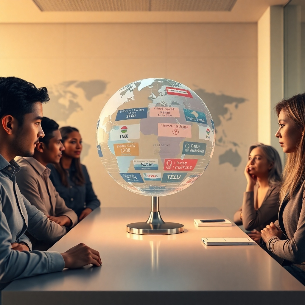 A photorealistic image, 8K resolution, hyperrealistic detail, in the style of Steve McCurry. Depict a diverse group of people from various countries, each looking at a glowing holographic globe displaying news headlines in multiple languages. The globe floats above a sleek, modern desk in a brightly lit, minimalist office, soft diffused lighting.  Warm color palette emphasizing trustworthiness and reliability.  Camera angle: slightly elevated, looking down on the scene. Textures should be highly detailed: smooth glass of the globe, metallic desk, soft fabric of the clothing. The mood is one of calm focus and global connectivity. Environmental elements include a world map subtly in the background, and perhaps some technological devices subtly integrated into the scene. The scene should convey a sense of trust and reliability.