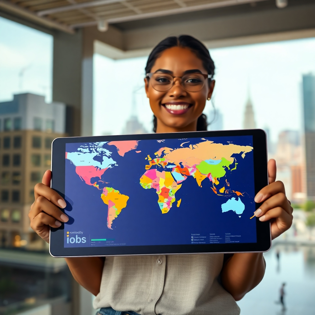 A photorealistic image, 8K resolution, hyperrealistic detail, in the style of Steve McCurry. A young, diverse woman smiles confidently, holding a tablet displaying a world map pinpointing various job opportunities in vibrant colors. Soft, diffused natural lighting illuminates the scene. The background is a blurred but detailed cityscape, showcasing diverse architecture from around the world. The color palette is warm and optimistic with rich textures showing the details of her clothing (smart casual) and the tablet screen. The camera angle is slightly low, emphasizing her empowerment. The overall mood is uplifting and aspirational, conveying possibility and global connection. The tablet’s display is crystal clear, highlighting the interactive nature of the service, emphasizing ease of use and user-friendliness. The overall scene creates a feeling of global reach and international connectivity.
