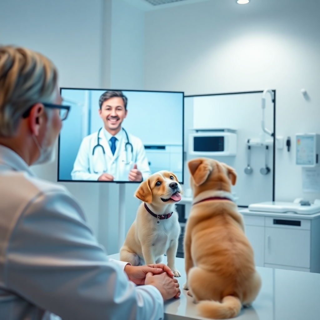 A photorealistic image, 8K resolution, depicting a friendly veterinarian conducting a virtual consultation with a pet owner. The setting is a clean, well-lit veterinary office with soft, diffused lighting, creating a calm and reassuring atmosphere. The veterinarian is shown on a large screen, interacting with the pet owner, who is visible on a smaller screen. A charming dog is sitting beside the owner, attentively looking at the veterinarian on the larger screen. The color palette should be soft and calming, with a focus on pastel colors and neutral tones. The camera angle should be slightly elevated, providing a clear view of the interaction. The textures and materials should be detailed, showing the soft fur of the dog, the professional attire of the veterinarian, and the high-tech equipment in the office. The background should include subtly displayed medical equipment. The overall mood is reassuring and professional. The style should emulate the clean and modern aesthetic of high-end medical facilities, combined with a touch of warmth to emphasize the human-animal bond. The image must be ultra-detailed, highlighting the expressions of both the pet owner and the veterinarian, showcasing their genuine connection and concern for the pet's well-being. Include subtle reflections to create a realistic feel.