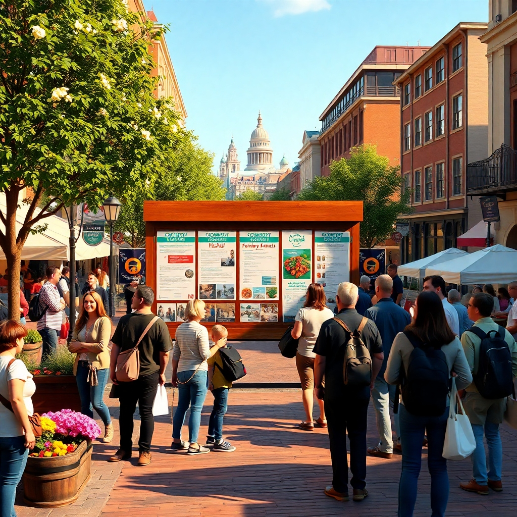 A photorealistic image, 8k resolution, depicting a bustling city square with people actively engaged in local events. The central focus is a community bulletin board displaying posters announcing local events, farmer's market activities, and community notices. The lighting should be natural, bright daylight, with soft shadows creating depth and dimension. The color palette is warm and inviting, showcasing the vibrant energy of the local community. The camera angle is from across the square, showing a wide shot of the scene. The textures should be rich and detailed; rough wood of the bulletin board, the smooth cobblestones of the square, and the varied textures of the clothing of the people.  Environmental elements include trees, flower boxes, and street performers. The background features iconic local landmarks or buildings subtly visible in the distance. The style is photojournalistic, similar to work seen in National Geographic, emphasizing candid moments and capturing the essence of community life. The image should be ultra-detailed, rendering every person and detail with utmost clarity.