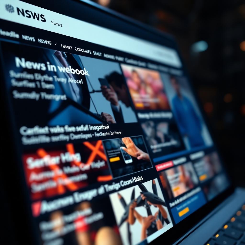 A photorealistic image, rendered at 8K resolution, depicting a dynamic news feed interface with headlines and images related to DOMAIN NAME news, events, and announcements. The lighting is dramatic, with strong highlights and deep shadows, creating a sense of urgency and importance. The camera angle is a close-up, focusing on the detailed headlines, images, and interactive elements. The overall color palette is bold and engaging, with vibrant colors used to highlight key information. The style is inspired by modern news websites and applications. The background should subtly hint at a global network connection, representing the broad reach of the news.  Use hyperrealistic rendering techniques to create a highly detailed and visually stunning image, focusing on realistic text rendering and image quality.  Textures should be realistic, and the overall mood is energetic and engaging.