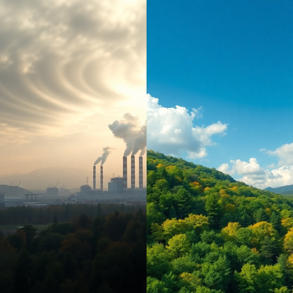 A photorealistic image contrasting a polluted industrial landscape with a vibrant, healthy natural environment.  One side depicts smog-filled skies over a factory complex, while the other features lush forests, clear blue skies, and diverse wildlife. Use a split-screen effect to highlight the stark difference. The image should evoke a strong emotional response, emphasizing the urgent need for environmental protection.