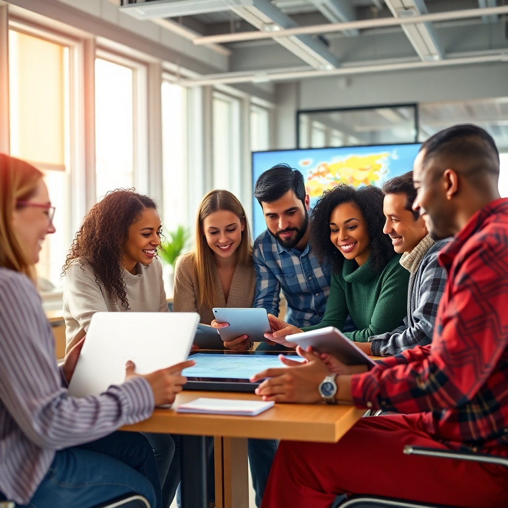 A photorealistic image depicting a diverse group of people from different countries and cultures, collaborating on a project using modern technology like laptops, tablets, and a large interactive screen in a brightly lit, modern office space.  The scene should emphasize teamwork, communication, and the sharing of ideas.  The image should feel vibrant, positive, and inclusive. High resolution, detailed textures, cinematic lighting