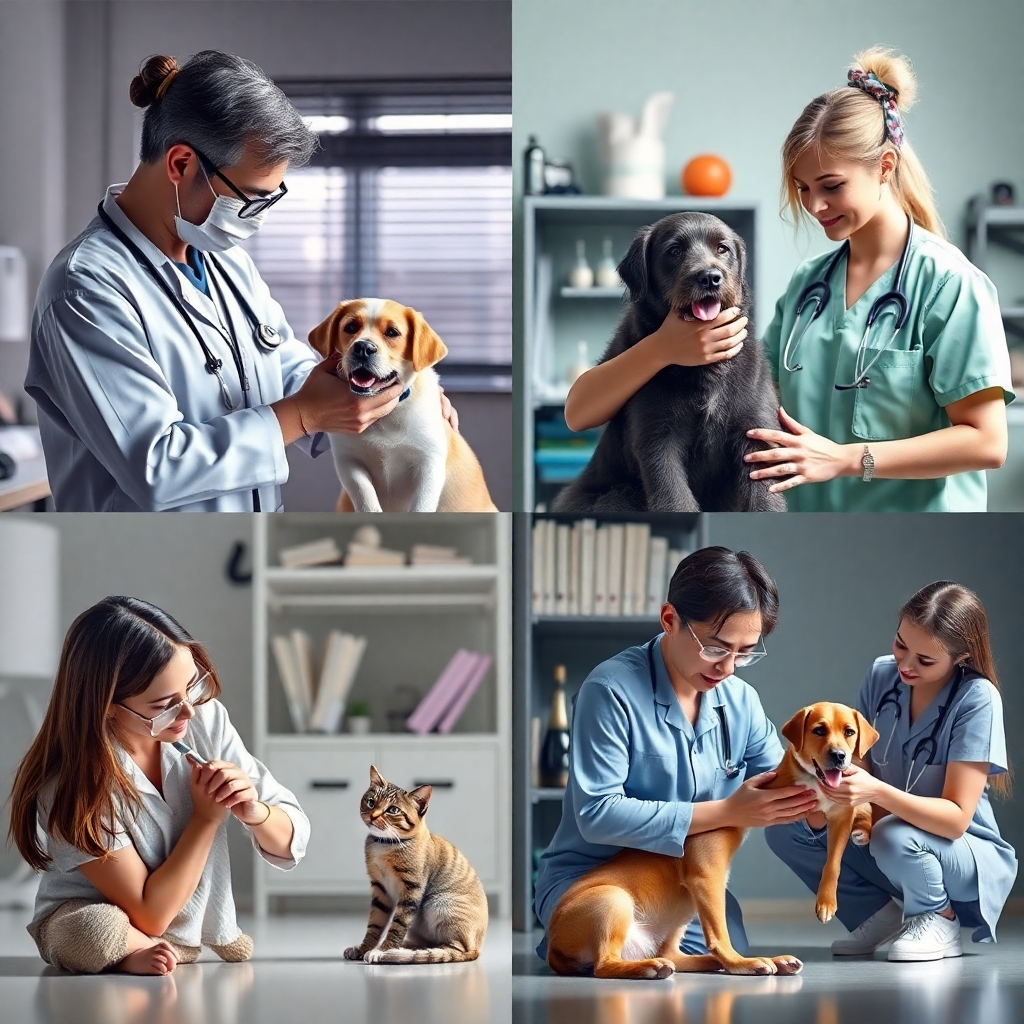 A photorealistic image depicting a variety of pet care services. This could include a veterinarian examining a pet, a groomer working on a dog, a pet sitter playing with a cat, and a trainer working with a dog. The image should convey a sense of trust and professionalism.