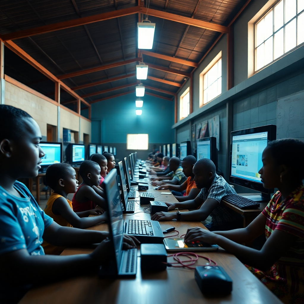 A photorealistic image depicting a brightly lit community center in a developing country, where people of all ages are using computers and other technology, accessing educational resources and online tools. The image should reflect a positive and hopeful atmosphere, emphasizing the transformative power of technology. High-resolution, detailed, sharp focus, bright lighting, vivid colors.