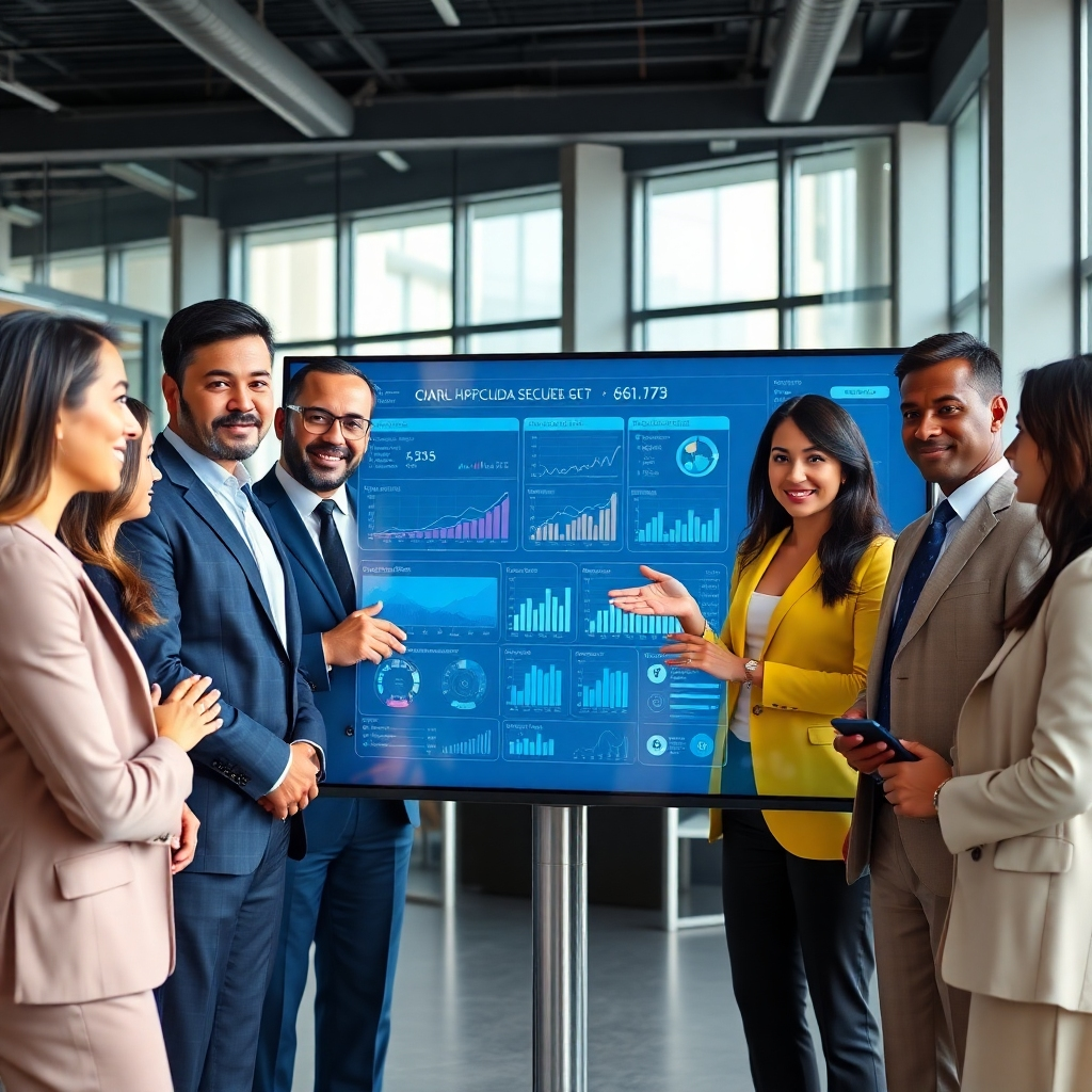 A photorealistic image depicting a diverse group of business professionals from different countries collaborating around a large, interactive touchscreen display. The display should showcase dynamic business data, charts, and graphs in sleek visualizations. The scene should be set in a modern, high-tech office space with natural lighting. Each person should have a distinct and professional look while displaying a collaborative spirit and engaged body language. The overall style should be sharp, clean, and convey a sense of modern efficiency and successful global business interactions.