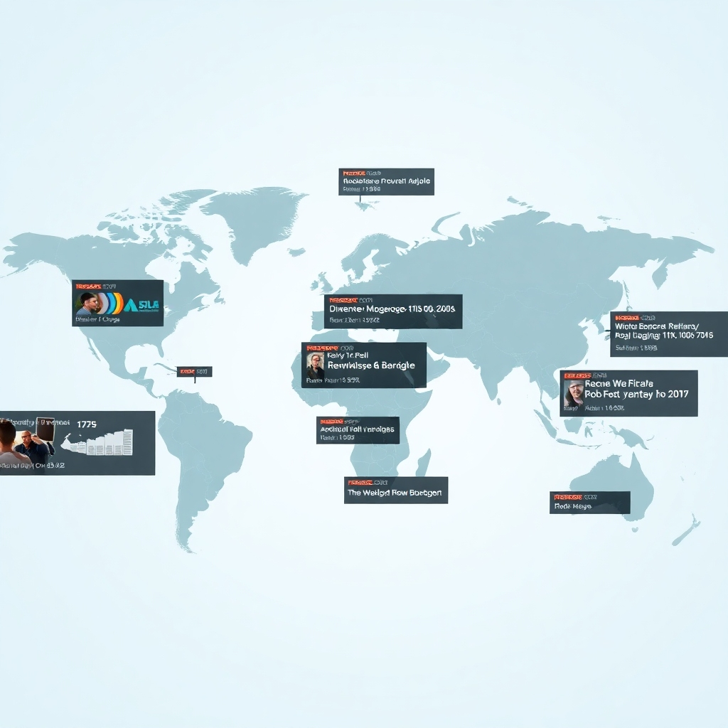 A photorealistic image depicting a world map overlaid with local news headlines, showing interconnectedness. The style should be clean and modern, with a subtle focus on a specific local area highlighted on the map.  Use a color palette that represents both global reach and local grounding, such as blues and greens with a warm accent color.