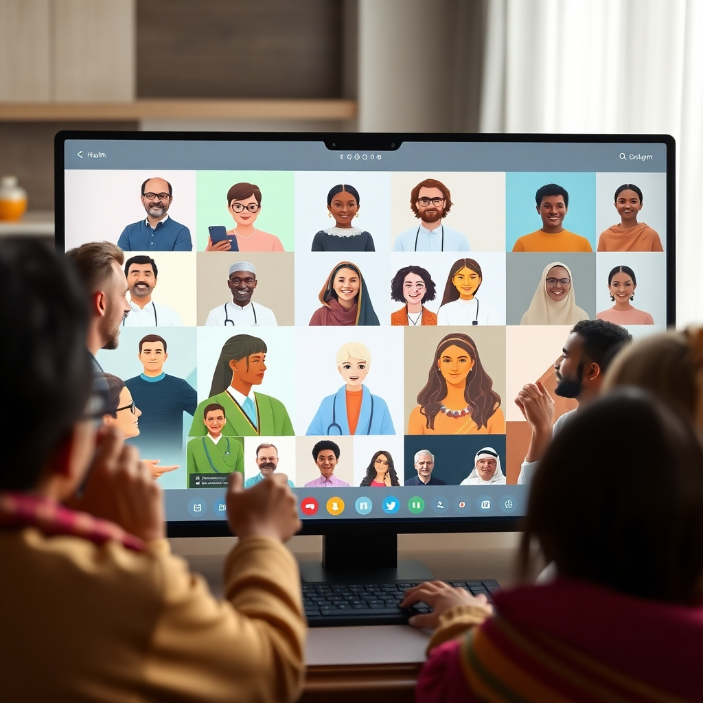 A photorealistic image depicting a vibrant online forum interface, showing diverse individuals from around the world interacting in a positive and respectful manner.  The interface should feature avatars representing various ethnicities and ages, engaging in discussions, sharing inspirational content, or participating in virtual religious events.  The background should be subtly visible, suggesting a sense of community and connection. The overall mood should be one of warmth, inclusivity, and spiritual engagement.
