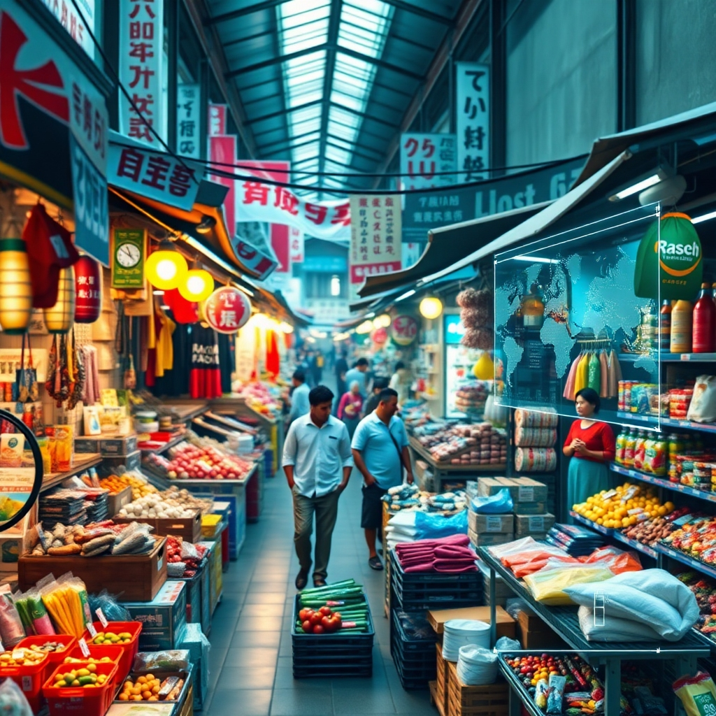 A photorealistic image depicting a seamless blend of a bustling local market with digital interfaces overlaid, showing online marketplaces displaying local and international products.  Focus on vibrant colors, diverse products, and a sense of global connectivity. The image should be sharp and detailed, showcasing both the physical and digital aspects of the marketplace.