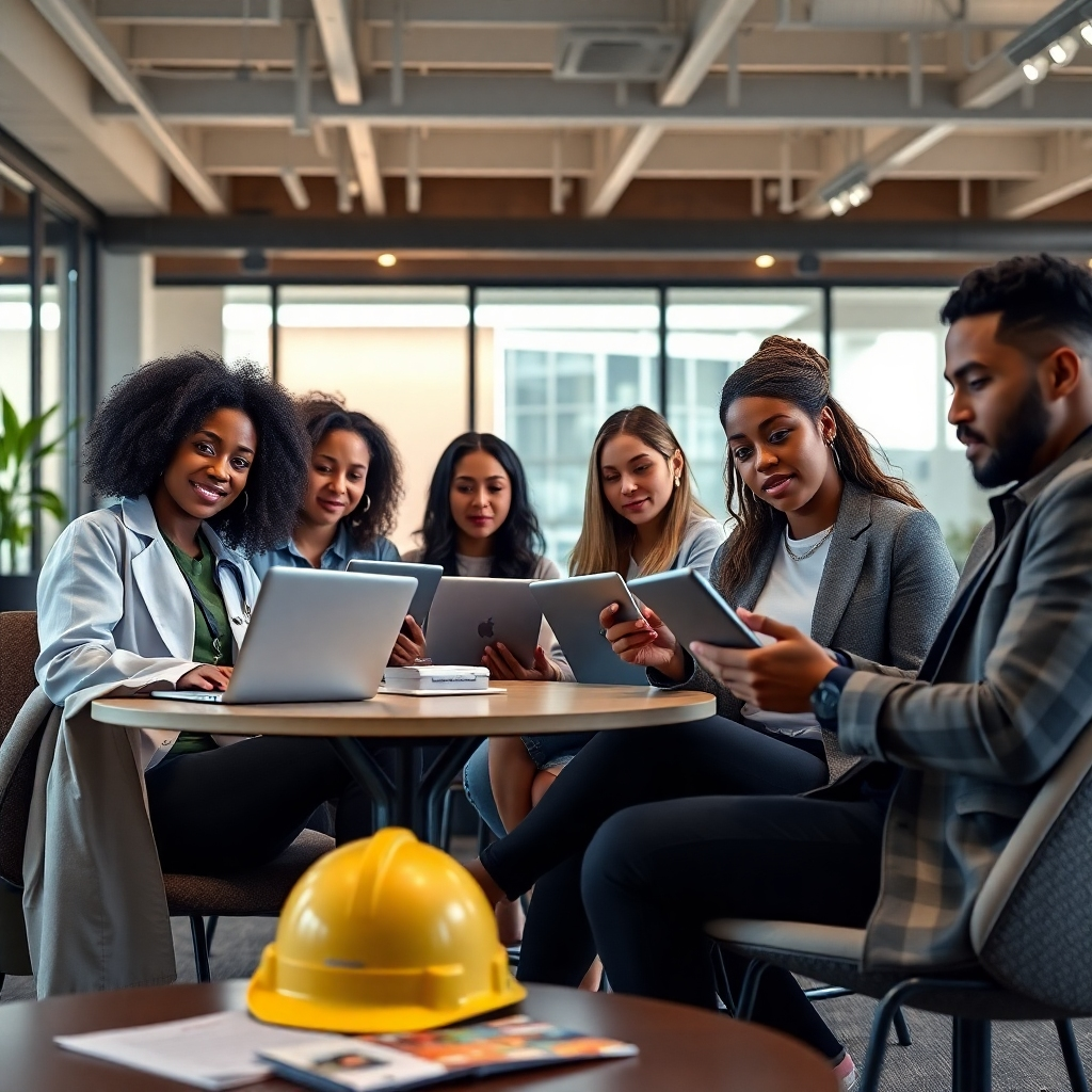 A photorealistic image depicting a diverse group of people actively searching for jobs on laptops and tablets in a modern, well-lit co-working space. The image should show them looking confident and engaged.   There should be subtle visual cues representing diverse career paths, such as a doctor's coat hanging on a chair, a construction helmet on a table, and marketing brochures. The image should evoke feelings of empowerment, opportunity, and progress