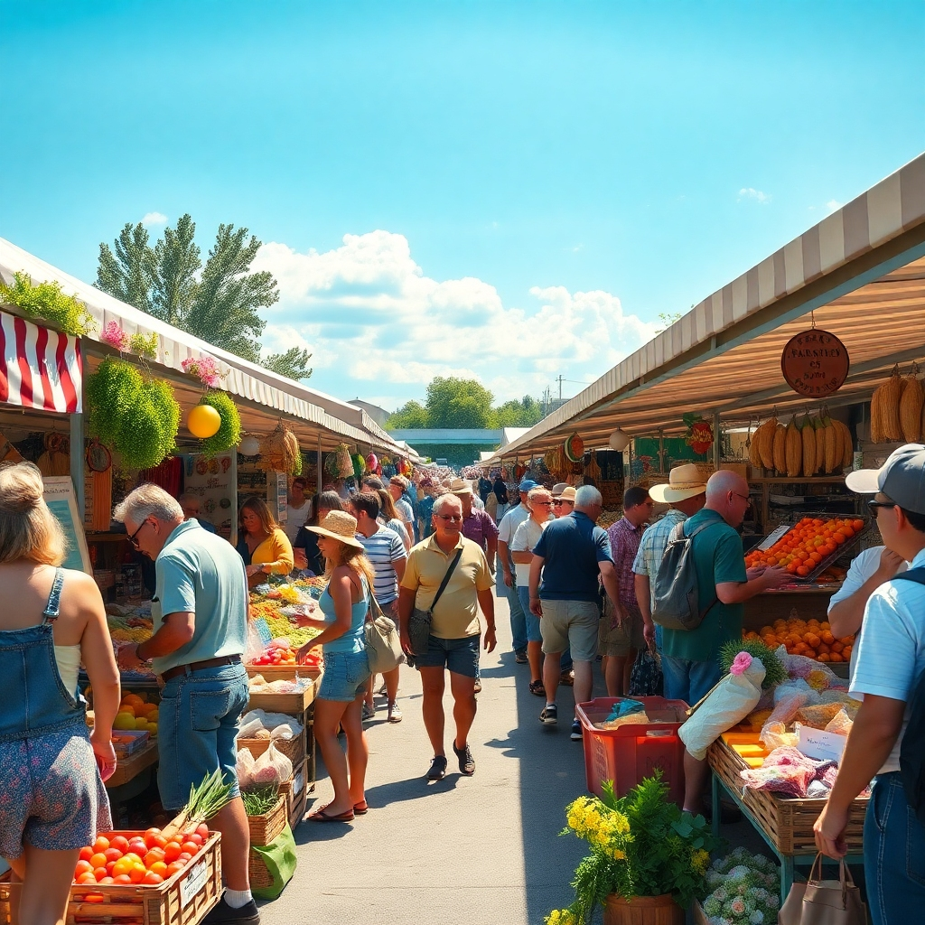 A photorealistic image depicting a vibrant farmers market bustling with people, showcasing diverse local produce, crafts, and happy interactions.  Bright sunlight, clear sky, and a feeling of community spirit. High resolution, detailed, sharp focus.