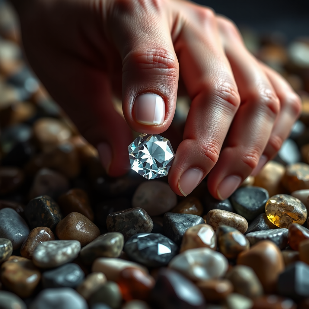 A photorealistic image depicting a hand carefully selecting a sparkling gem from a collection of stones. The gem represents a top-quality brand or service. Soft, diffused lighting, 4K resolution, focus on the detail of the hand and the gem.