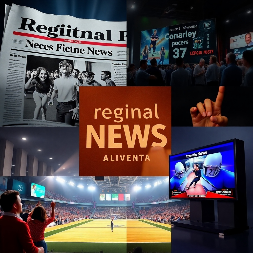 A photorealistic image depicting a collage of various scenes showcasing regional news and events. Include images of a local newspaper headline, a community event poster, a regional sports game, and a local news broadcast screen. The style should be dynamic and visually engaging, with a sense of immediacy and local relevance.