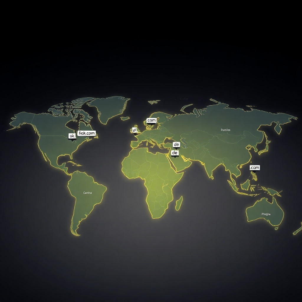 A photorealistic image depicting a world map with highlighted regions representing different countries, each region displaying a unique domain name (.uk, .com, .de, etc.) and a small business logo within each region, symbolizing a successful global business presence. The style should be modern and clean, with a focus on data visualization
