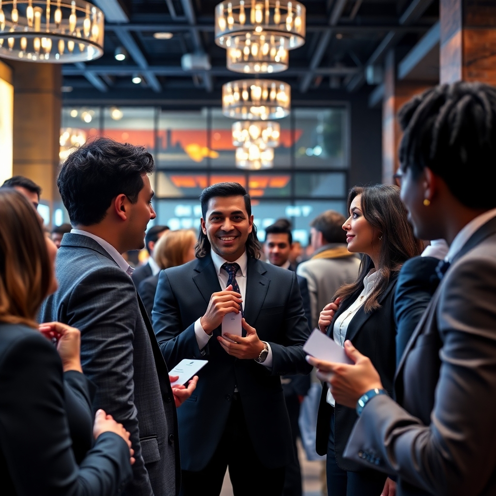 A photorealistic image depicting a professional networking event. Showcase diverse people in business attire, engaging in conversations and exchanging business cards. The background should be a modern, stylish venue with a lively yet professional atmosphere. The image must emphasize meaningful connections and professional interaction