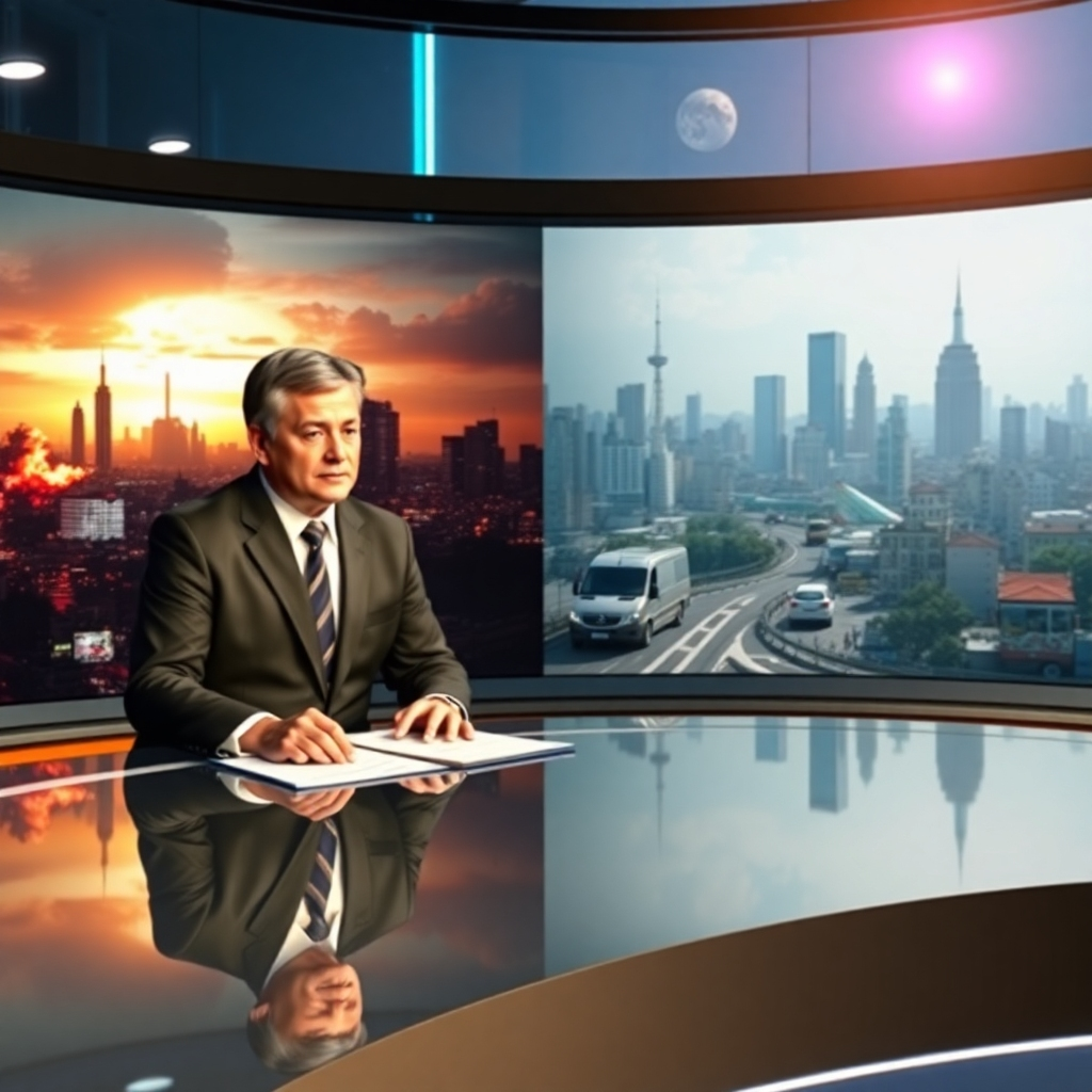 A photorealistic image depicting a news anchor reporting on a global event while showing scenes of how that event impacts a local community. Use split screen to contrast global and local impact. The image should have a serious and informative tone. High resolution, 8k quality, detailed textures, vibrant colors, hyperrealistic.