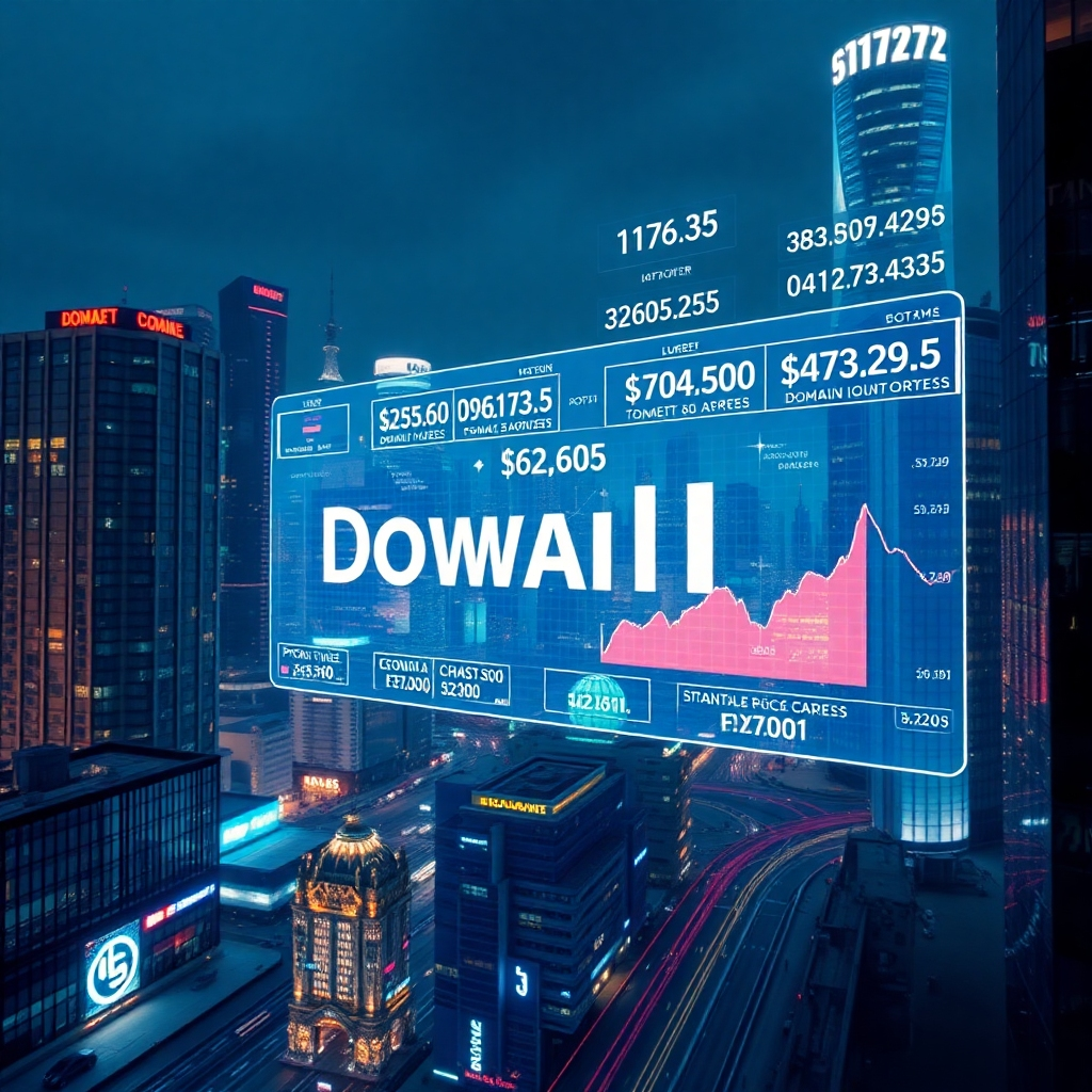 A photorealistic image depicting a futuristic cityscape at night, with holographic displays showcasing various domain names, stock prices fluctuating, and investment charts. The scene should convey the dynamism and potential profit within the domain name market, emphasizing a sense of technological advancement and financial success.