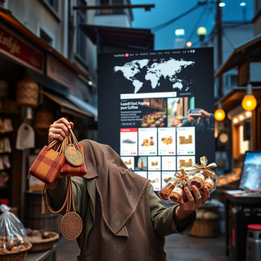 A photorealistic image depicting a local artisan proudly displaying their handcrafted products, which are also showcased on a large digital screen displaying an international e-commerce platform.  The background should include elements that showcase both the local setting and the global reach of the platform, perhaps a blend of a quaint local street and a futuristic cityscape.