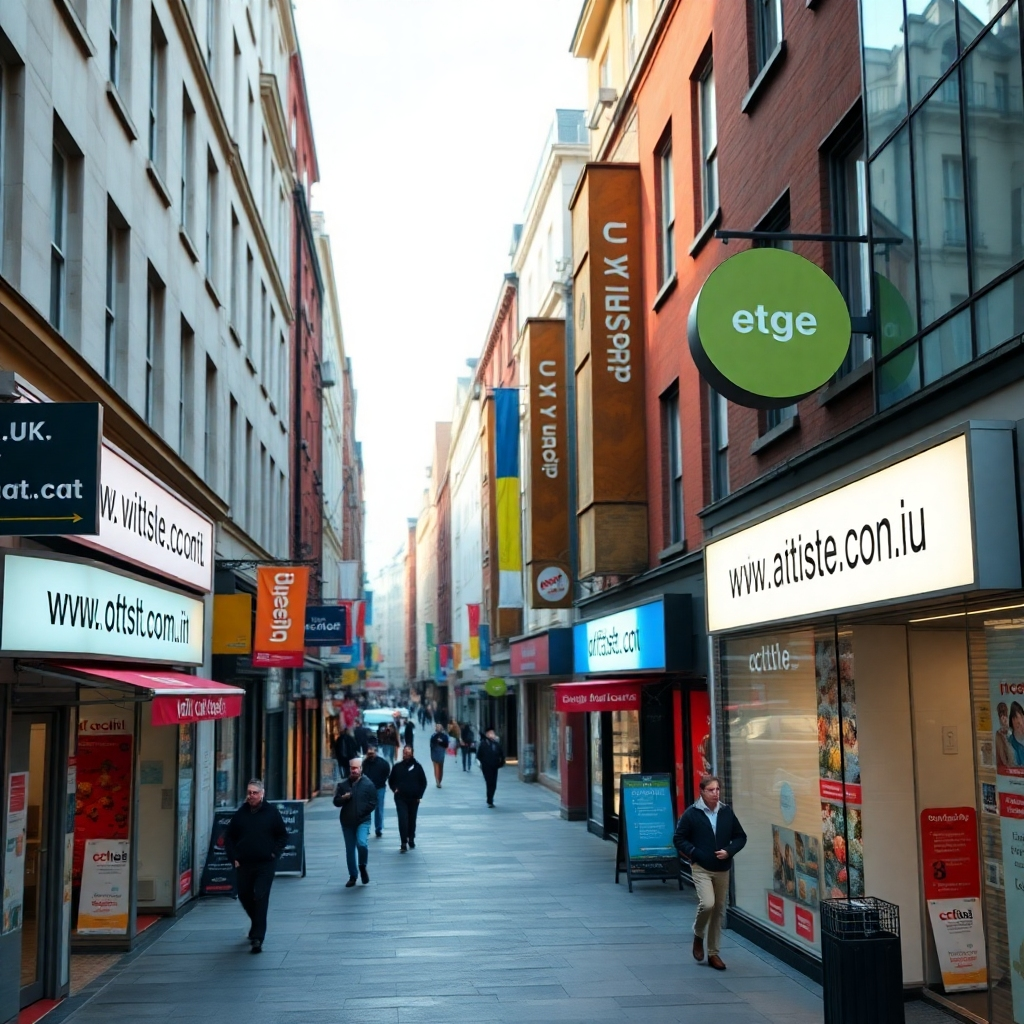 A photorealistic image depicting a bustling city street scene, with various businesses displaying their websites using ccTLDs such as .uk, .ca, .fr etc., prominently displayed on their storefronts.  The image should be vibrant and showcase diversity, emphasizing local businesses and their online presence.