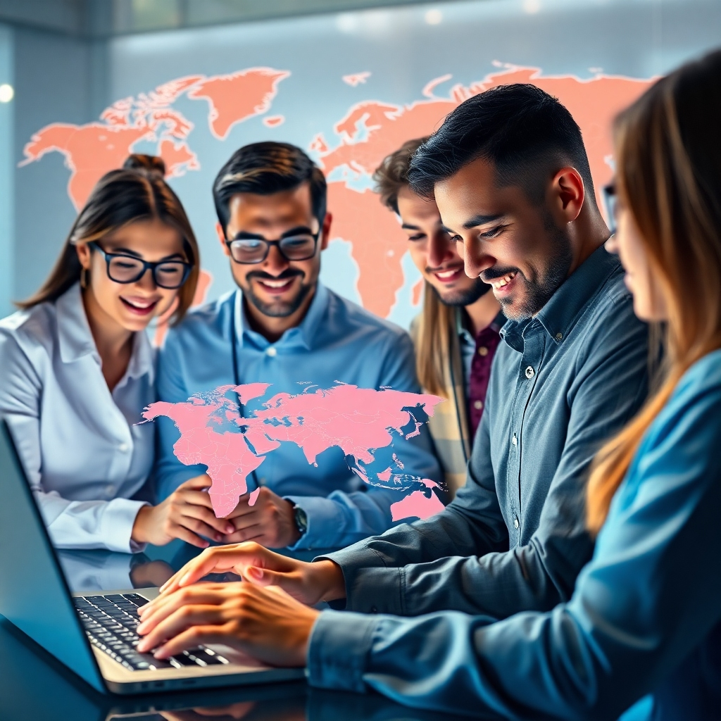 A photorealistic image depicting a diverse group of professionals from various countries collaborating on a global project using digital technology, showcasing a world map in the background with highlighted regions indicating job growth. The overall mood should be optimistic and dynamic, representing progress and collaboration in the global job market.
