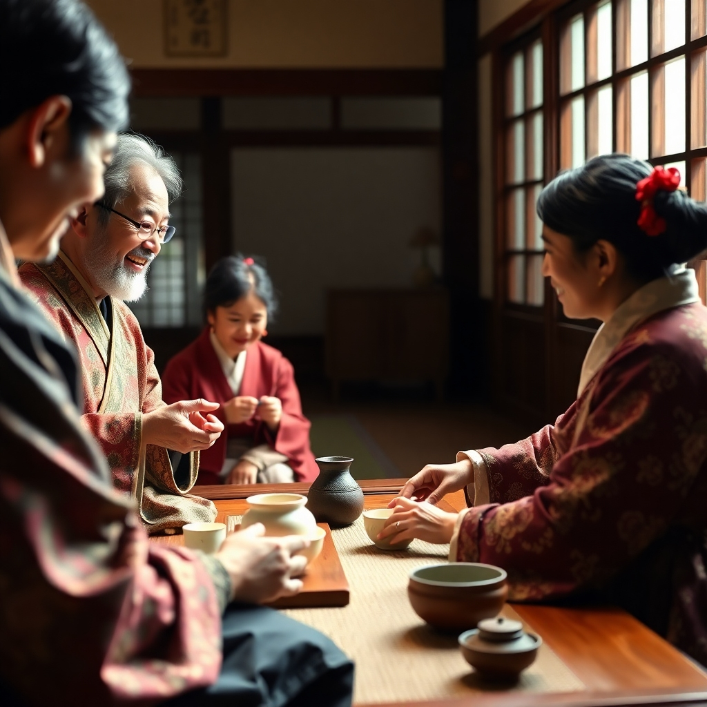 A photorealistic image depicting a heartwarming scene of cultural exchange. A traveler is actively participating in a traditional tea ceremony with locals in a serene Japanese tea house, showcasing genuine smiles, respectful interactions, and a sense of mutual understanding.  The image should be rich in detail, showing traditional attire, intricate tea ceremony elements, and the warm, inviting ambiance of a traditional Japanese tea house.