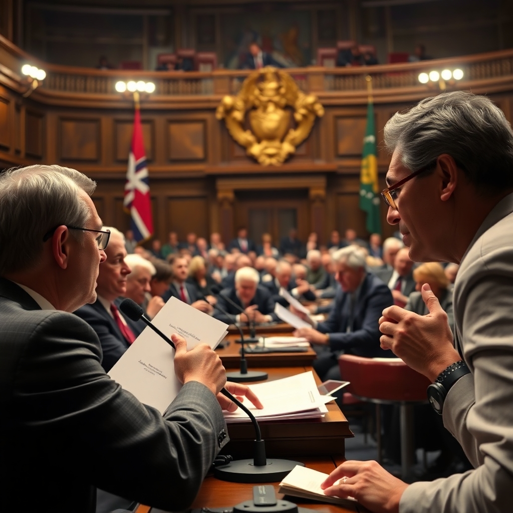 A photorealistic image depicting a dramatic scene in a parliament or congress. Showcasing representatives engaged in heated debate, emphasizing the tension and importance of their discussions through body language and facial expressions.  The setting should be formal, with details like microphones, flags, and official-looking documents visible. The image should feel dynamic and convey a sense of urgency and consequence.