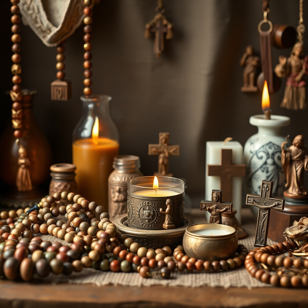 A photorealistic image depicting a range of ethically sourced and sustainably produced religious products, such as prayer beads made from recycled materials, candles made from natural wax, and fair-trade religious art. The image should highlight the craftsmanship and natural materials, conveying a sense of quality, sustainability, and social responsibility.