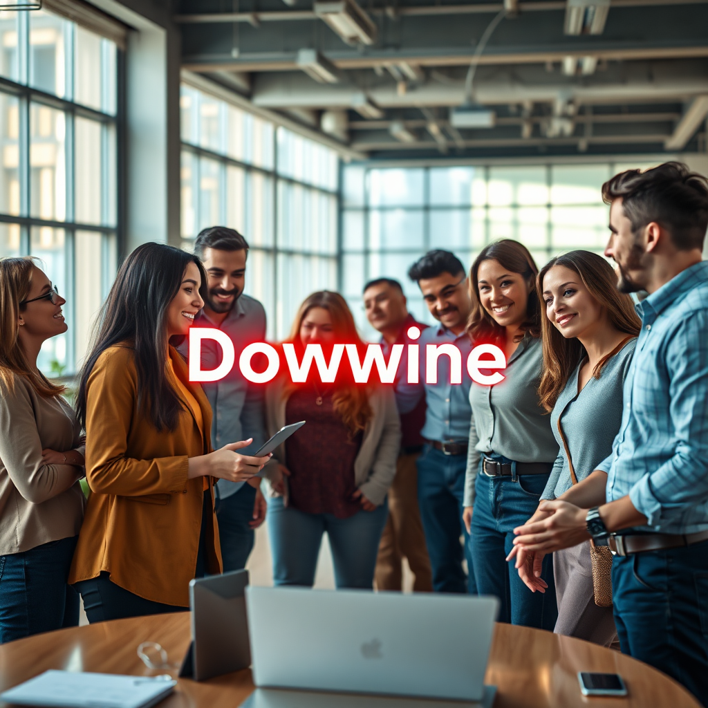 A photorealistic image depicting a diverse group of people collaborating around a holographic projection of a domain name. The scene is set in a modern, open-plan office space filled with natural light. The individuals represent various backgrounds and industries, emphasizing the universal need for a strong online presence. The holographic domain name is vibrant and eye-catching, symbolizing innovation and connection. The composition should be collaborative and optimistic, conveying a sense of teamwork and shared success. The lighting is warm and inviting, with a color palette of greens, blues, and oranges to evoke creativity and growth. The camera angle is slightly elevated, capturing the energy of the group and the clarity of the holographic display. 4K resolution, high quality.