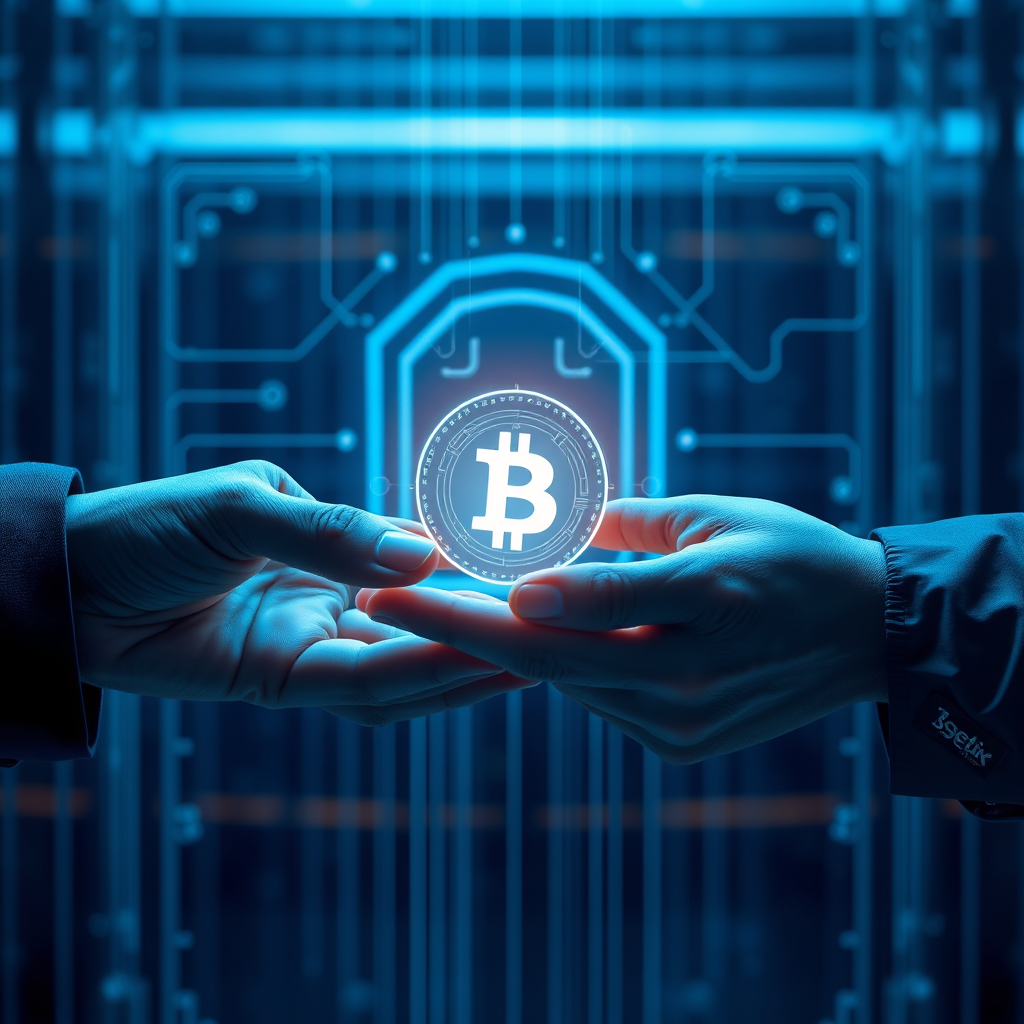 A photorealistic image depicting a seamless transaction process. Two hands exchanging a digital token in a secure, futuristic environment. Cool, blue lighting, 4K resolution, emphasis on security and efficiency.