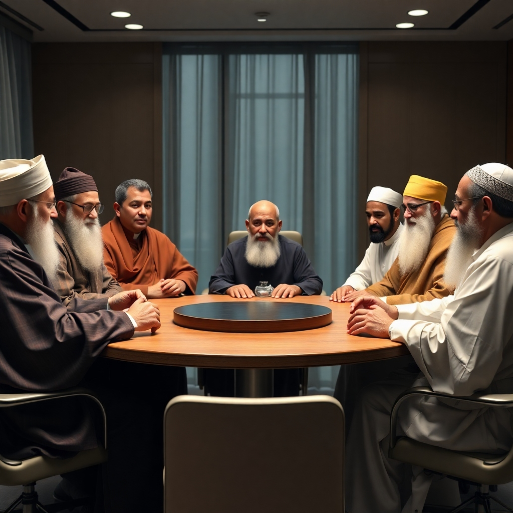 A photorealistic image depicting a diverse group of religious leaders from various faiths – Christianity, Islam, Buddhism, Judaism, Hinduism – sitting around a circular table, engaging in earnest conversation. The setting should be a modern, well-lit conference room, symbolizing unity and cooperation.  High resolution, detailed facial expressions showing respect and understanding. Natural lighting.