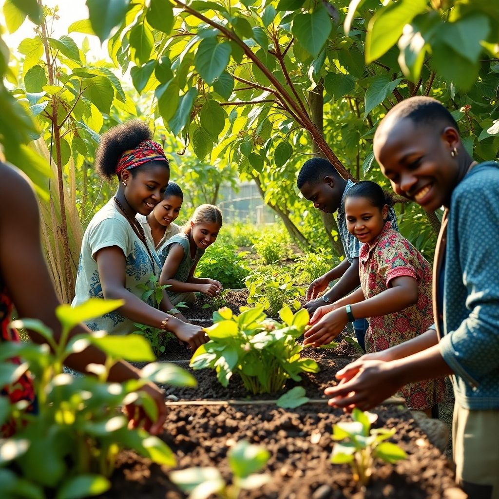 A photorealistic image depicting a vibrant community garden in a developing nation, with people of diverse ages and backgrounds collaboratively working together, sunlight streaming through the leaves, showing a sense of unity and productivity. High-resolution, detailed, sharp focus, bright lighting, vivid colors.