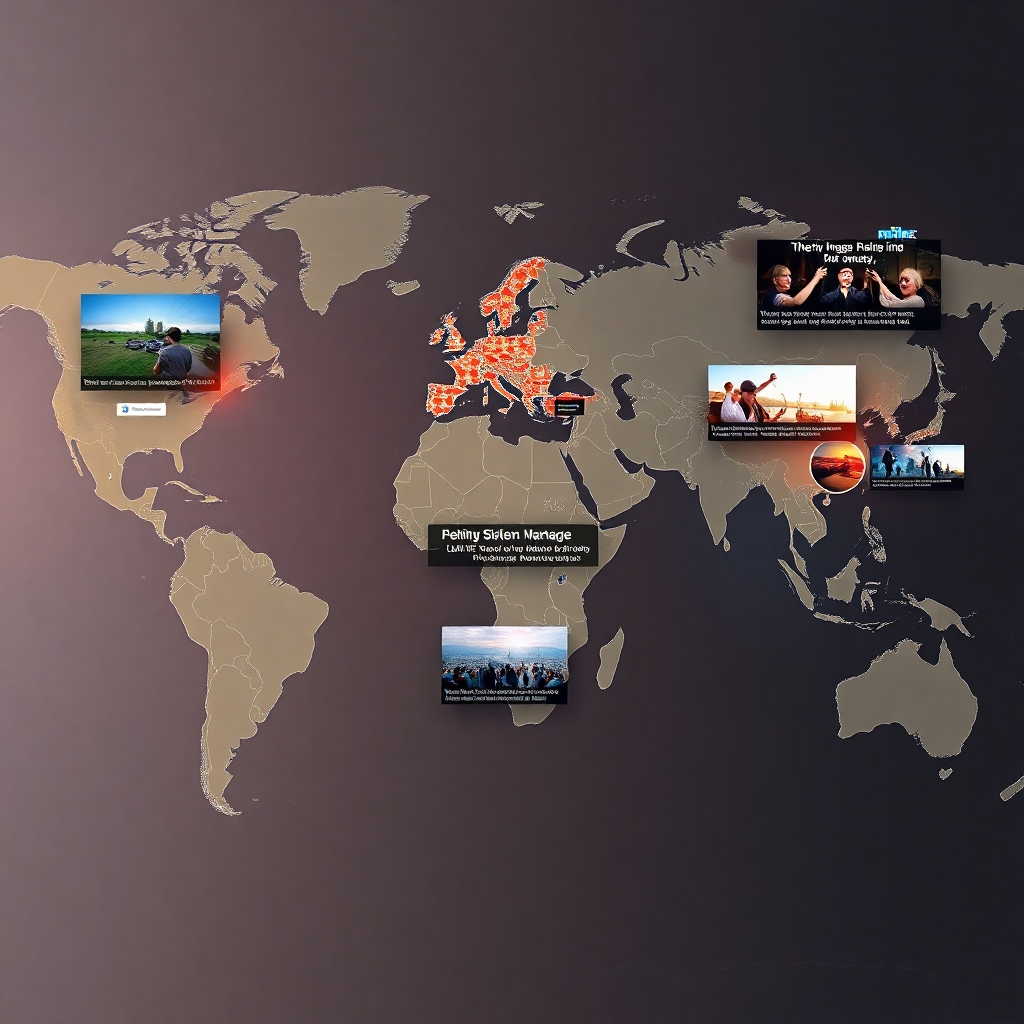A photorealistic image depicting a world map with news headlines and images overlaid on it, showing various global events, such as climate change, political conflicts, economic trends; the style should be modern and clean, with a focus on visually engaging representation; a feeling of interconnectedness and urgency should be conveyed; detailed news snippets, including photos, should be visible