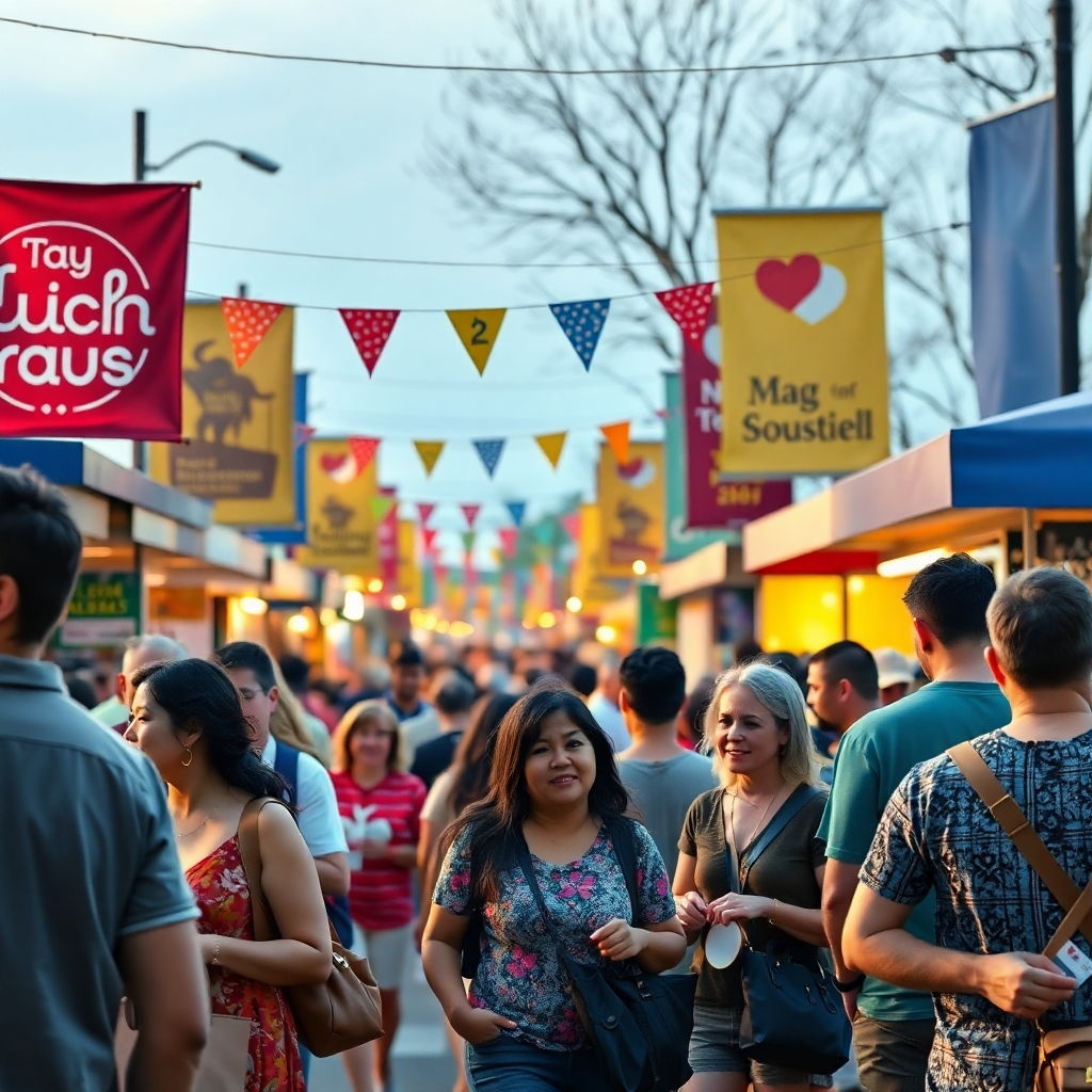 A photorealistic image depicting a vibrant, bustling community event. Show diverse people interacting positively, with banners and signage indicating local businesses and organizations. The scene should feel warm, inviting, and community-focused.  Focus on the positive interactions and the sense of community.
